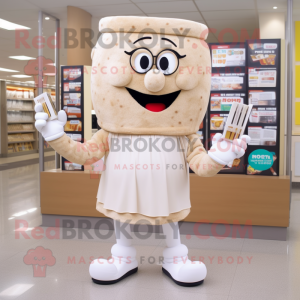 Beige Lasagna mascot costume character dressed with a Leggings and Reading glasses