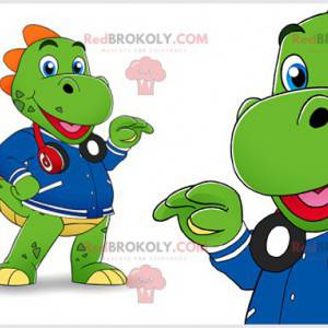 Green dinosaur mascot with headphones and a jacket -