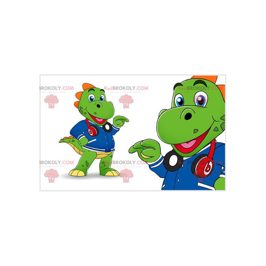 Mascotte dinosauro verde con cuffie e giacca - Redbrokoly.com