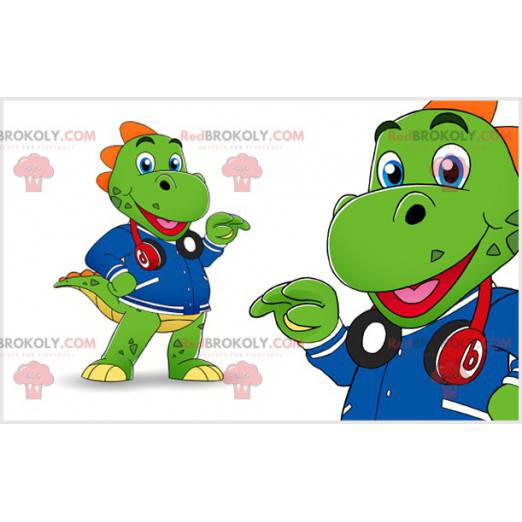 Grünes Dinosaurier-Maskottchen mit Kopfhörern und einer Jacke -