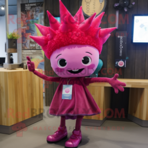 Magenta Queen mascot costume character dressed with a Jeans and Hairpins