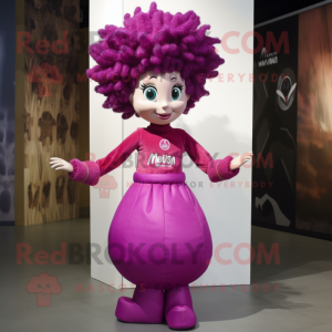 Magenta Queen mascot costume character dressed with a Jeans and Hairpins