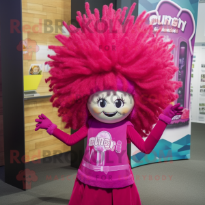 Magenta Queen mascot costume character dressed with a Jeans and Hairpins