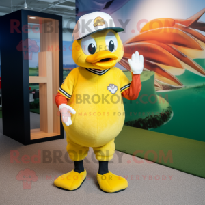 Yellow Swan mascot costume character dressed with a Baseball Tee and Beanies