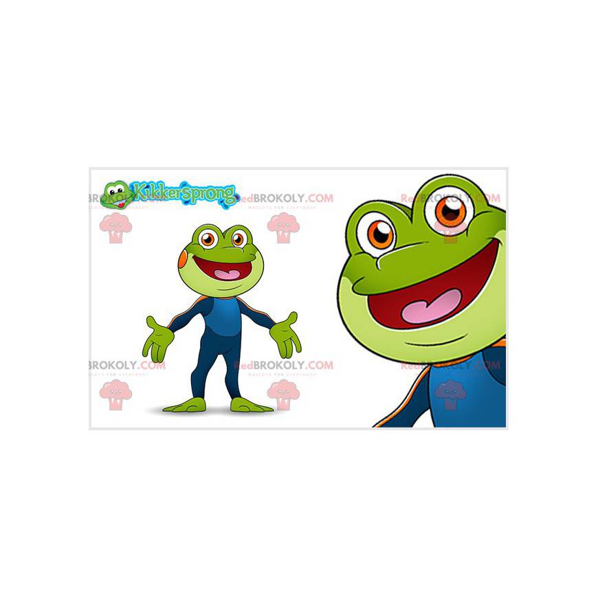Grünes Froschmaskottchen mit einer blauen Kombination -
