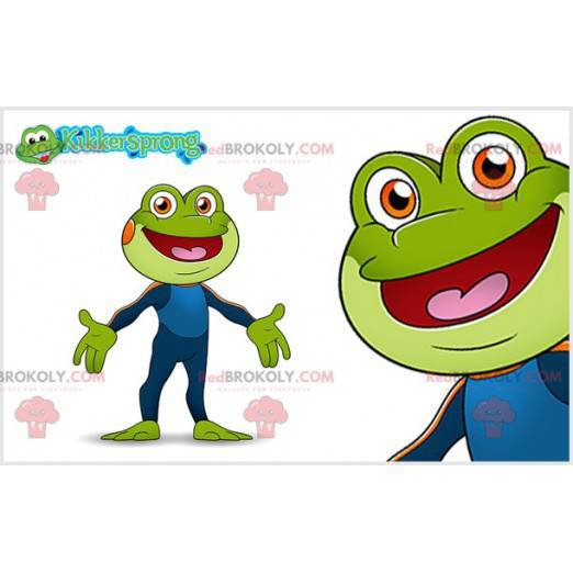 Grünes Froschmaskottchen mit einer blauen Kombination -