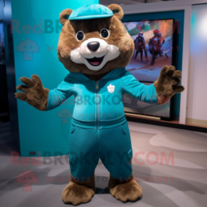 Teal Beaver mascot costume character dressed with a Bodysuit and Belts