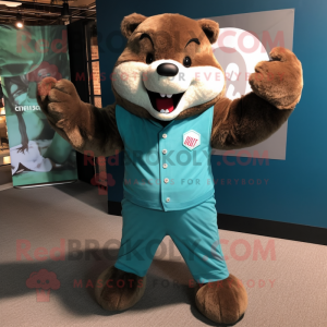 Teal Beaver mascot costume character dressed with a Bodysuit and Belts