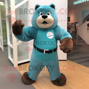Teal Beaver mascot costume character dressed with a Bodysuit and Belts