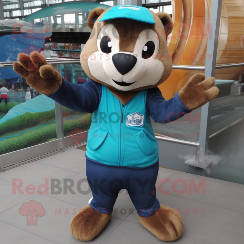 Teal Beaver mascot costume character dressed with a Bodysuit and Belts Teal Beaver mascot costume character dressed with a Bodysuit and Belts