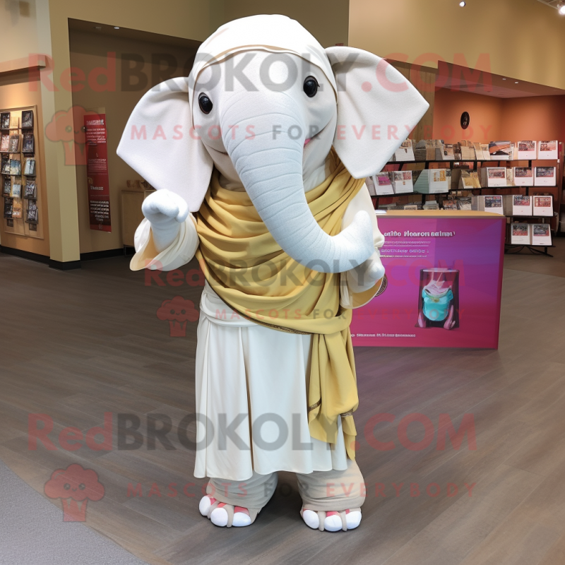 Cream Elephant mascot costume character dressed with a Wrap Dress and Cummerbunds