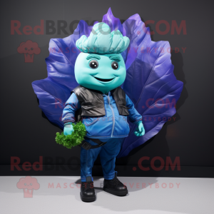 Blue Cabbage mascot costume character dressed with a Leather Jacket and Keychains