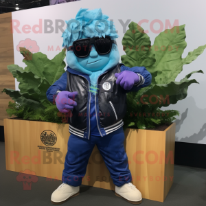 Blue Cabbage mascot costume character dressed with a Leather Jacket and Keychains