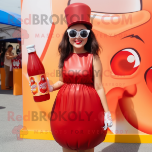 Brown Bottle Of Ketchup mascot costume character dressed with a Pencil Skirt and Sunglasses