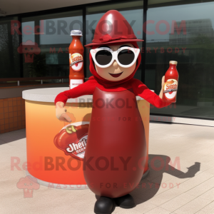 Brown Bottle Of Ketchup mascot costume character dressed with a Pencil Skirt and Sunglasses