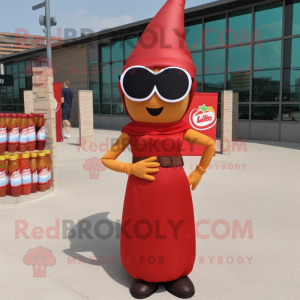 Brown Bottle Of Ketchup mascot costume character dressed with a Pencil Skirt and Sunglasses