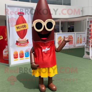 Brown Bottle Of Ketchup mascot costume character dressed with a Pencil Skirt and Sunglasses