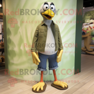 Olive Gull mascot costume character dressed with a Boyfriend Jeans and Shoe laces