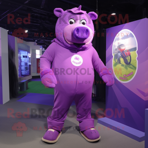 Purple Sow mascot costume character dressed with a Jumpsuit and Foot pads