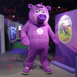 Purple Sow mascot costume character dressed with a Jumpsuit and Foot pads