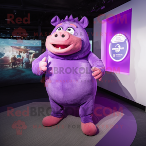 Purple Sow mascot costume character dressed with a Jumpsuit and Foot pads