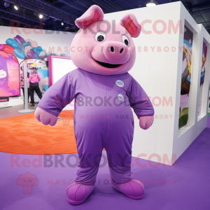 Purple Sow mascot costume character dressed with a Jumpsuit and Foot pads