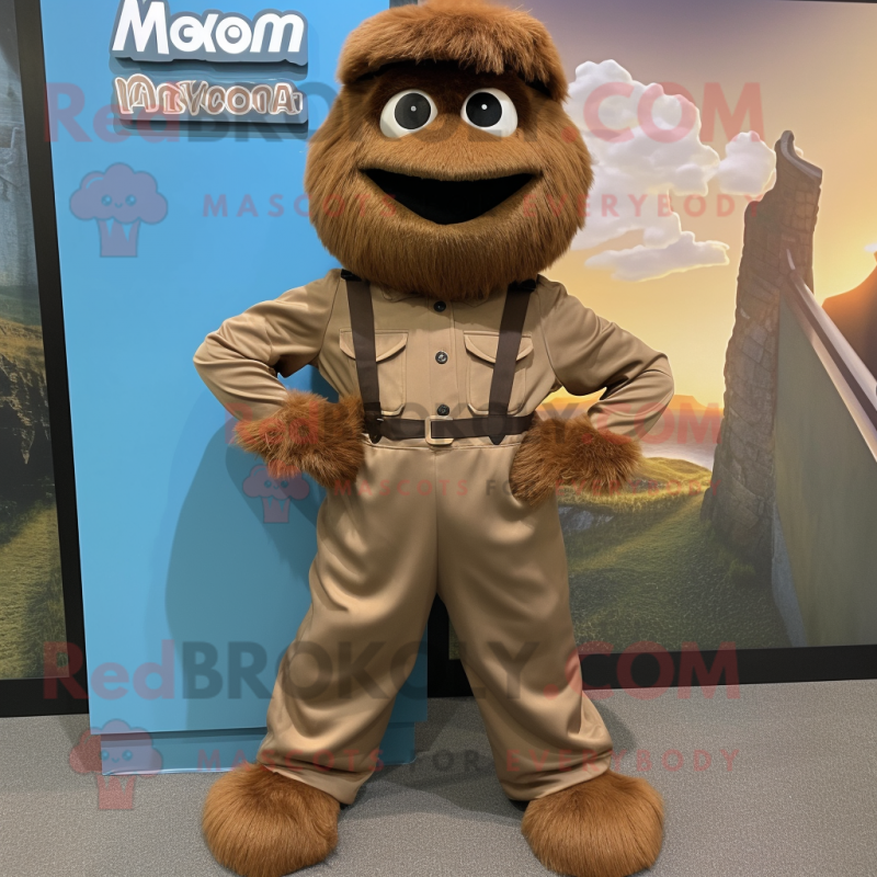 Brown Momentum mascot costume character dressed with a Romper and Suspenders Brown Momentum mascot costume character dressed with a Romper and Suspenders