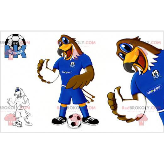 Mascota águila marrón y blanca en traje de futbolista -
