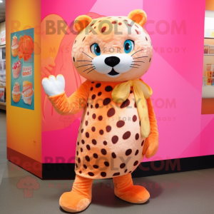 Peach Leopard mascot costume character dressed with a Cover-up and Clutch bags