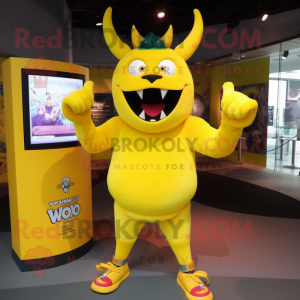 Yellow Demon mascot costume character dressed with a V-Neck Tee and Bracelets