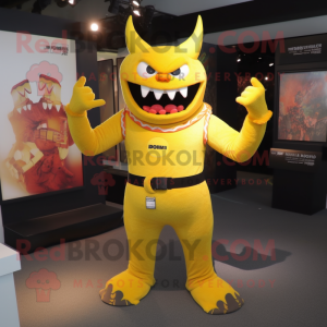 Yellow Demon mascot costume character dressed with a V-Neck Tee and Bracelets