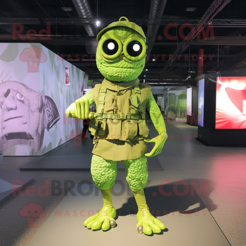 Lime Green Commando mascot costume character dressed with a Swimwear and Necklaces Lime Green Commando mascot costume character dressed with a Swimwear and Necklaces