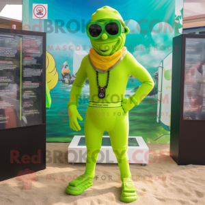 Lime Green Commando mascot costume character dressed with a Swimwear and Necklaces