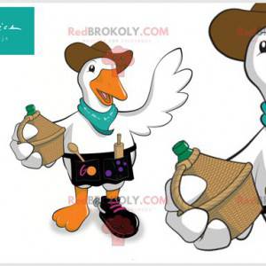 Mascota de pato ganso con sombrero y utensilios. -