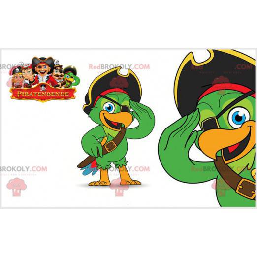 groene papegaai mascotte met een ooglapje en een hoed -