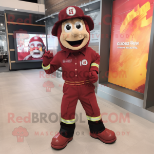 Maroon Fire Fighter mascot costume character dressed with a Jeggings and Shoe laces