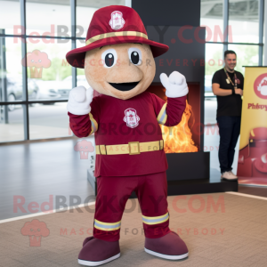 Maroon Fire Fighter mascot costume character dressed with a Jeggings and Shoe laces