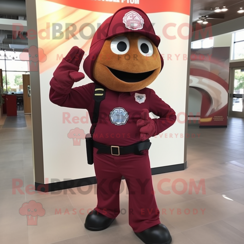 Maroon Fire Fighter mascot costume character dressed with a Jeggings and Shoe laces