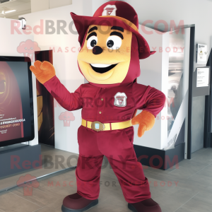 Maroon Fire Fighter mascot costume character dressed with a Jeggings and Shoe laces