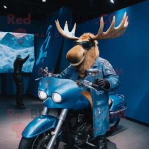 Blue Irish Elk mascot costume character dressed with a Moto Jacket and Watches
