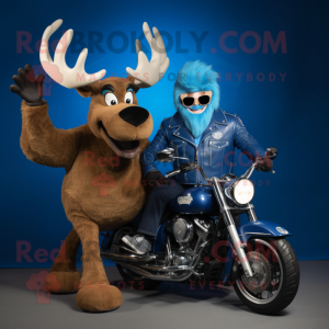 Blue Irish Elk mascot costume character dressed with a Moto Jacket and Watches