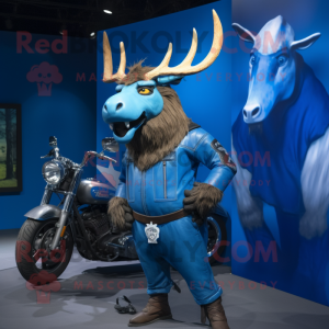 Blue Irish Elk mascot costume character dressed with a Moto Jacket and Watches
