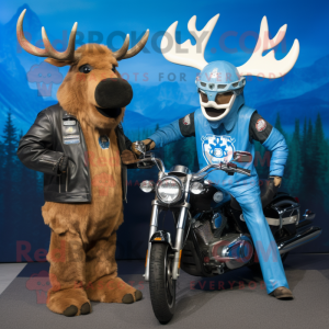 Blue Irish Elk mascot costume character dressed with a Moto Jacket and Watches