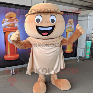 Tan Burgers mascot costume character dressed with a Henley Shirt and Wraps