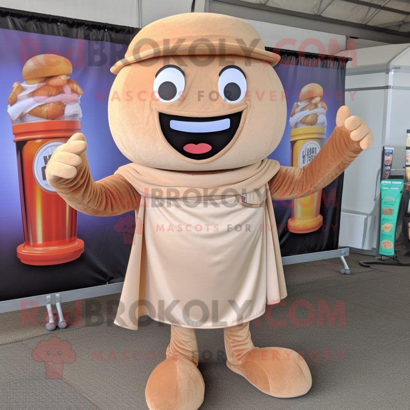 Tan Burgers mascot costume character dressed with a Henley Shirt and Wraps Tan Burgers mascot costume character dressed with a Henley Shirt and Wraps