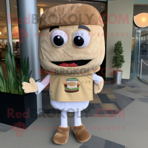 Tan Burgers mascot costume character dressed with a Henley Shirt and Wraps