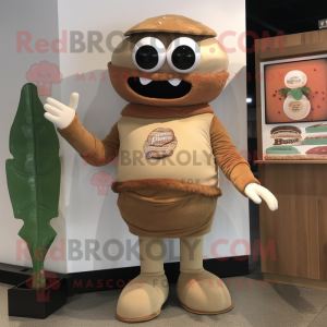 Tan Burgers mascot costume character dressed with a Henley Shirt and Wraps