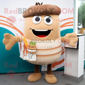 Tan Burgers mascot costume character dressed with a Henley Shirt and Wraps