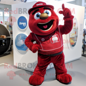 Maroon Engagement Ring mascot costume character dressed with a Overalls and Foot pads