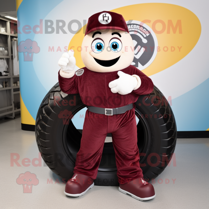 Maroon Engagement Ring mascot costume character dressed with a Overalls and Foot pads Maroon Engagement Ring mascot costume character dressed with a Overalls and Foot pads